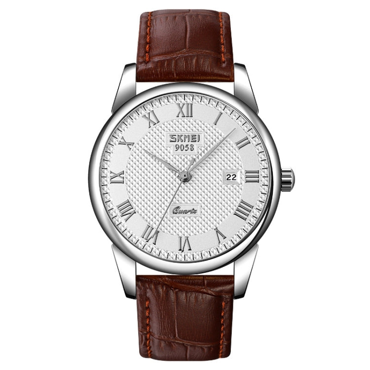 SKMEI 9058 Multifunctional Outdoor Fashion Waterproof Silver Shell Quartz Wrist Watch (Men Style Silver Face Brown Strap) - free shipping - PMC TechLife - Order now!