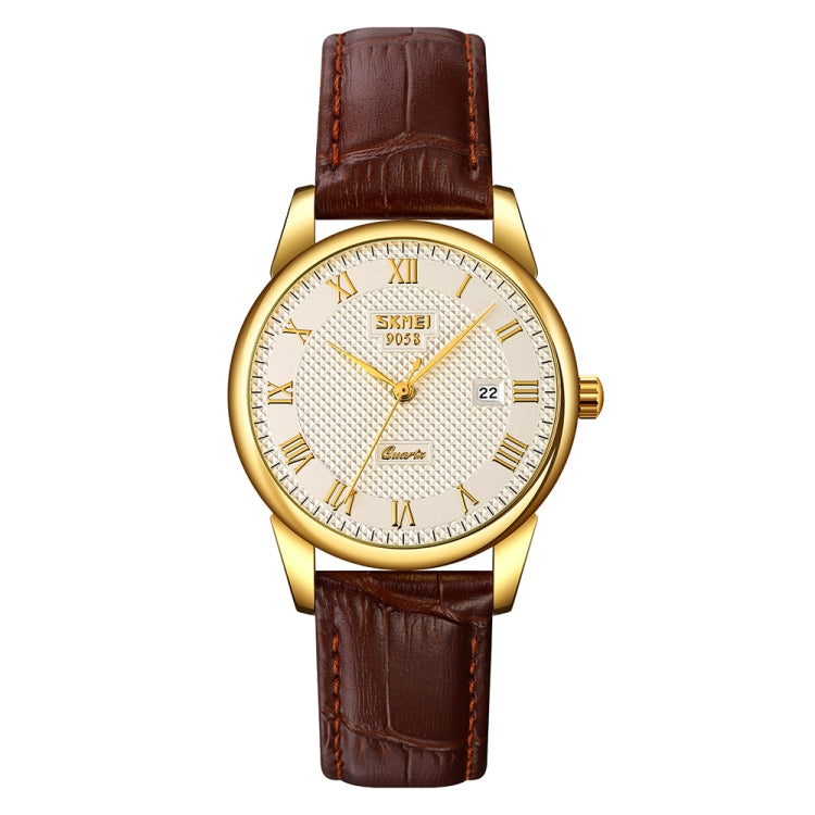 SKMEI 9058 Multifunctional Outdoor Fashion Waterproof Gold Shell Quartz Wrist Watch(Women Style Silver Face Brown Strap) - free shipping - PMC TechLife - Order now!