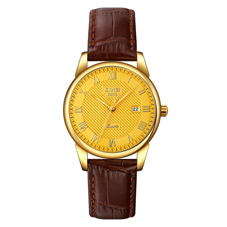 SKMEI 9058 Multifunctional Outdoor Fashion Waterproof Gold Shell Quartz Wrist Watch(Women Style Gold Face Brown Strap) - free shipping - PMC TechLife - Order now!
