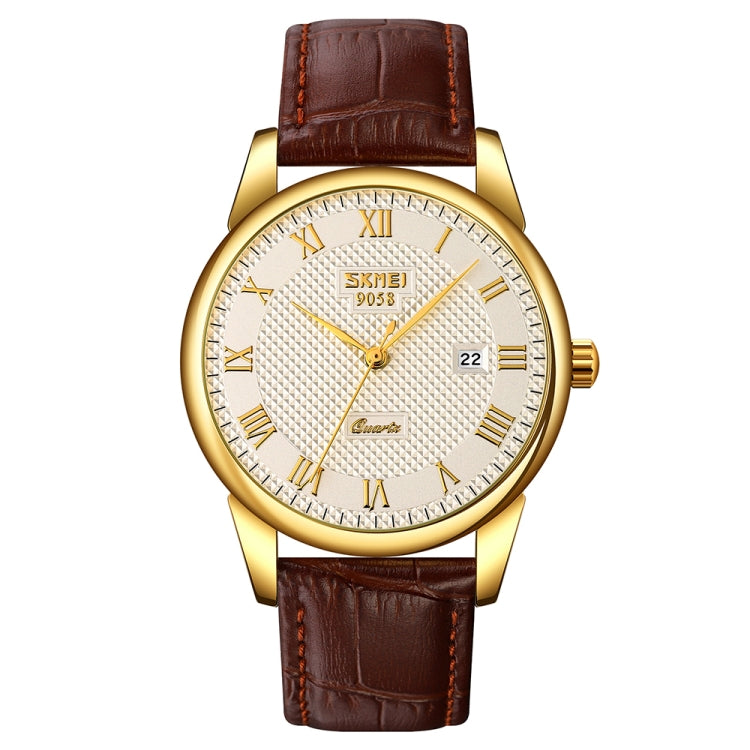 SKMEI 9058 Multifunctional Outdoor Fashion Waterproof Gold Shell Quartz Wrist Watch(Men Style Silver Face Brown Strap) - free shipping - PMC TechLife - Order now!