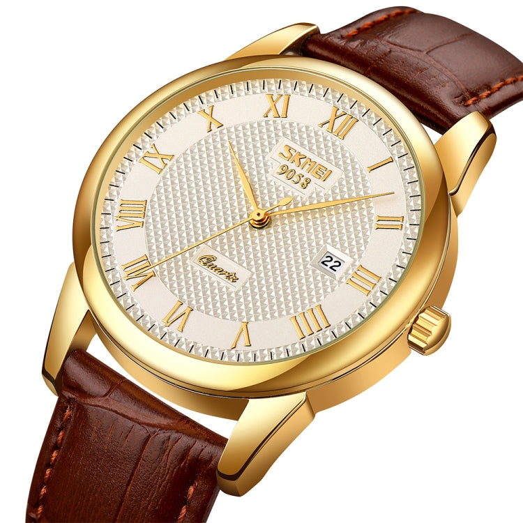 SKMEI 9058 Multifunctional Outdoor Fashion Waterproof Gold Shell Quartz Wrist Watch(Men Style Silver Face Brown Strap) - free shipping - PMC TechLife - Order now!