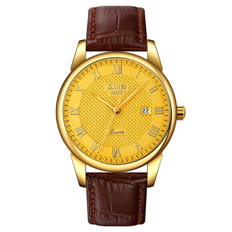 SKMEI 9058 Multifunctional Outdoor Fashion Waterproof Gold Shell Quartz Wrist Watch(Men Style Gold Face Brown Strap) - free shipping - PMC TechLife - Order now!