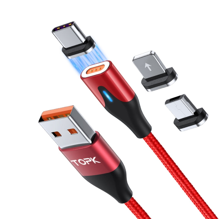 TOPK AM63 1m USB to 8 Pin + USB-C / Type-C + Micro USB 3 in 1 Flat Magnetic Metal Connector Nylon Braided Magnetic Fast Charging Data Cable(Red) - Charging Cable & Head by TOPK | Online Shopping South Africa | PMC TechLife | Buy Now Pay Later Mobicred