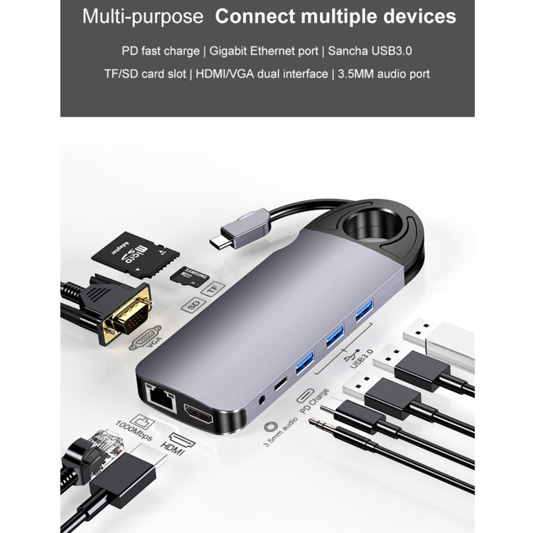 HW-TC28 10 In 1 USB 3.0 x3 + HDMI + VGA + SD + TF + PD + Ethernet Port + 3.5mm Port Multi-function Type-C / USB-C HUB Docking Station(Grey) - USB HUB by PMC Jewellery | Online Shopping South Africa | PMC Jewellery | Buy Now Pay Later Mobicred