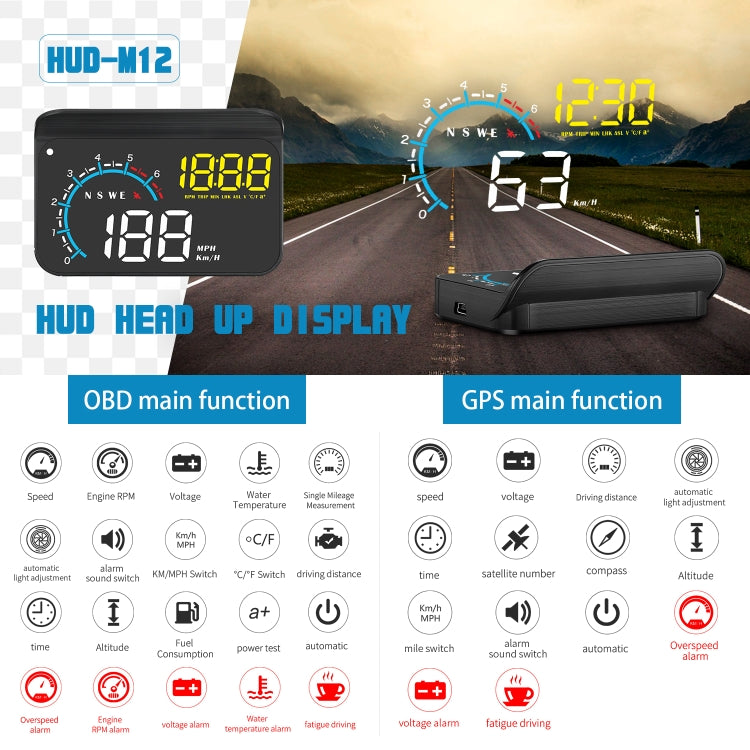 M12 OBD2 + GPS Mode Car Head-up Display HUD Overspeed / Speed / Water Temperature / Low Voltage / Fault Alarm - Head Up Display System by PMC TechLife | Online Shopping South Africa | PMC TechLife | Buy Now Pay Later Mobicred