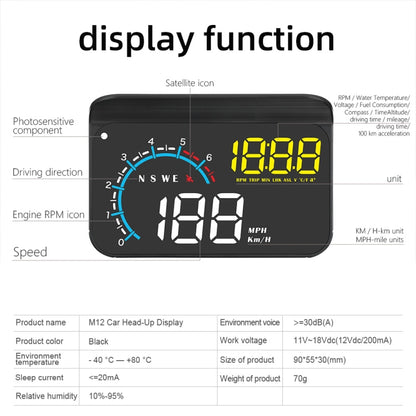 M12 OBD2 + GPS Mode Car Head-up Display HUD Overspeed / Speed / Water Temperature / Low Voltage / Fault Alarm - Head Up Display System by PMC Jewellery | Online Shopping South Africa | PMC Jewellery | Buy Now Pay Later Mobicred