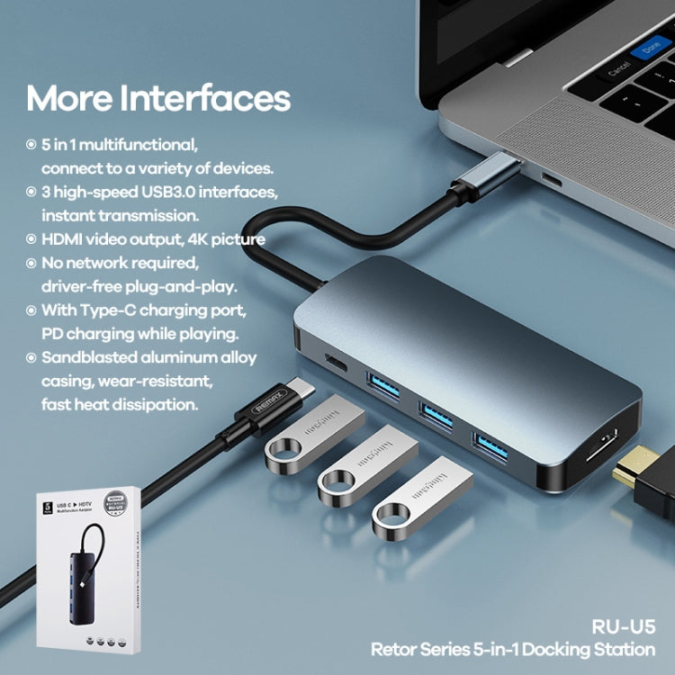 Remax RU-U5 5 In1 Multi-function Type-C / USB-C HUB Docking Station(Dark Grey) - USB HUB by REMAX | Online Shopping South Africa | PMC Jewellery | Buy Now Pay Later Mobicred