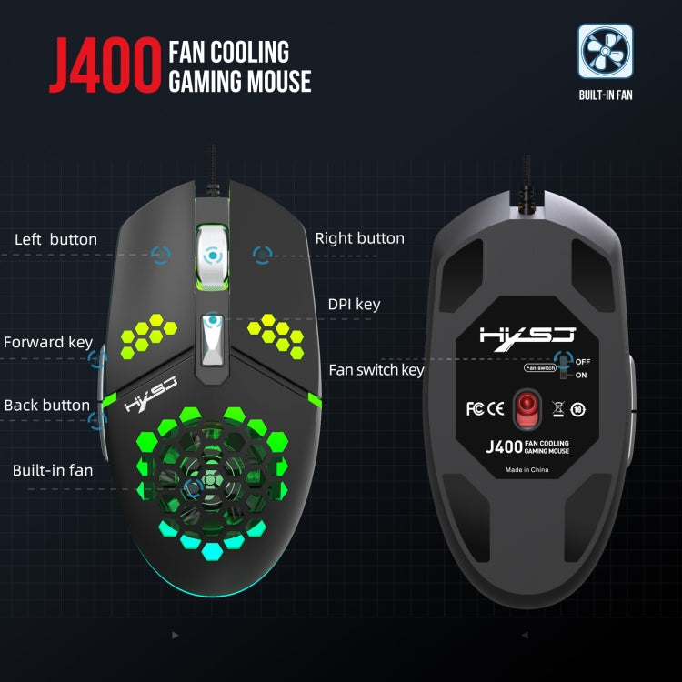 HXSJ J400 6 Keys 8000DPI RGB Light Fan Cooling Gaming Wired Mouse - Wired Mice by HXSJ | Online Shopping South Africa | PMC Jewellery