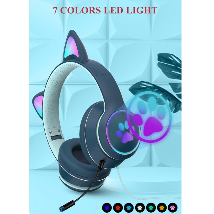 AKZ-022 USB + 3.5mm Port Cat Ear Design Foldable LED Headset with Mic(Light Blue) - Multimedia Headset by PMC Jewellery | Online Shopping South Africa | PMC Jewellery | Buy Now Pay Later Mobicred