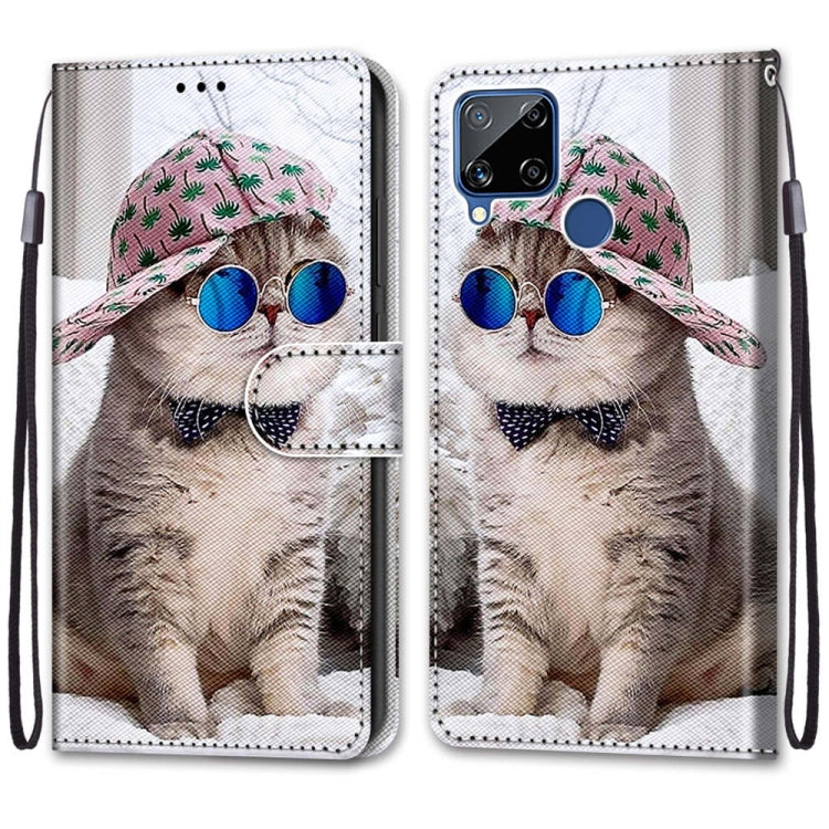 For OPPO Realme C15 / C12 / C25 / 7i (Global) / Narzo 20 / 30A Coloured Drawing Cross Texture Horizontal Flip PU Leather Case with Holder & Card Slots & Wallet & Lanyard(Slant Hat Blue Mirror Cat) - Realme Cases by PMC Jewellery | Online Shopping South Africa | PMC Jewellery | Buy Now Pay Later Mobicred