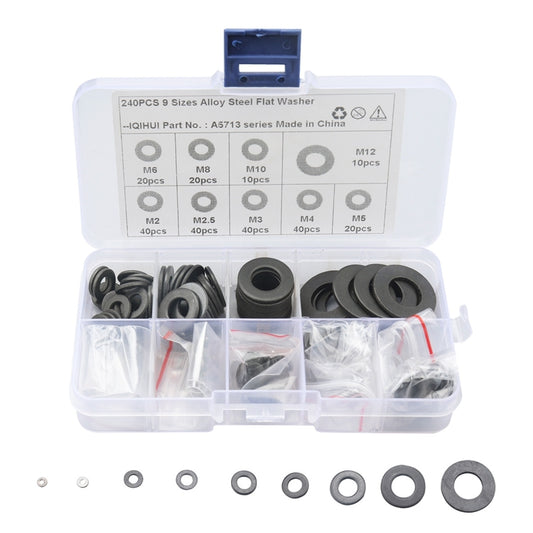 A5713 240 PCS 9 Sizes Black Carbon Steel Flat Washers Set - Booster Cable & Clip by PMC Jewellery | Online Shopping South Africa | PMC Jewellery | Buy Now Pay Later Mobicred