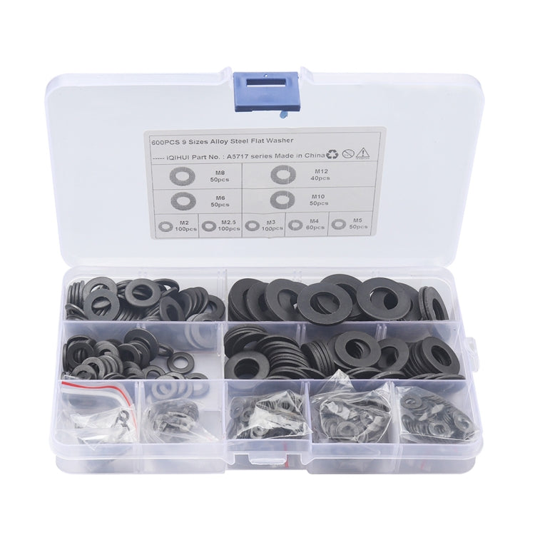 A5717 600 PCS 9 Sizes Black Carbon Steel Flat Washers Set - Booster Cable & Clip by PMC Jewellery | Online Shopping South Africa | PMC Jewellery | Buy Now Pay Later Mobicred