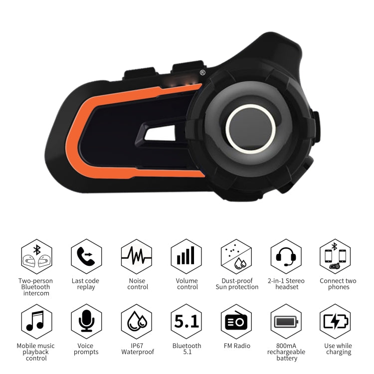 WUPP CS-1412B1 Bluetooth 5.1 S2 Motorcycle Helmet Full Duplex Bluetooth Intercom Headset Earphone(Orange) - Motorcycle Walkie Talkie by PMC Jewellery | Online Shopping South Africa | PMC Jewellery | Buy Now Pay Later Mobicred