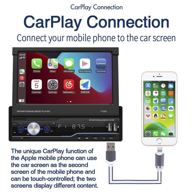 T100C 7 inch Manually Retractable Screen Car MP5 Player Radio, Support Mirror Link & FM & TF Card & USB & Bluetooth Hand-free Calling & Reversing Trajectory System & CayPlay Connection - Car MP3 & MP4 & MP5 by PMC TechLife | Online Shopping South Africa | PMC TechLife | Buy Now Pay Later Mobicred