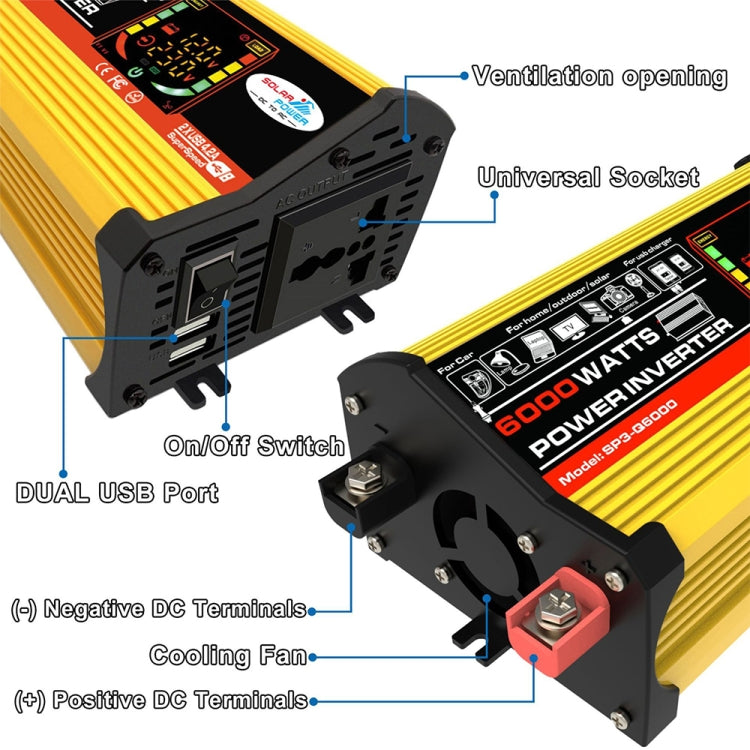Legend III Generation DC12V to AC220V 6000W Modified Square Wave Car Power Inverter with LED Display(Yellow) - Modified Square Wave by PMC TechLife | Online Shopping South Africa | PMC TechLife | Buy Now Pay Later Mobicred