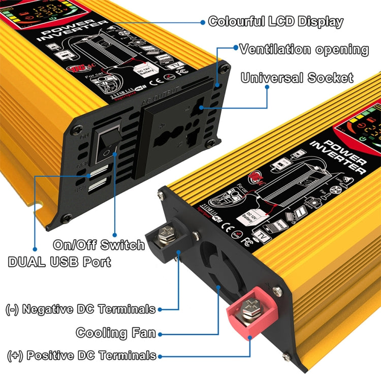 Tang III Generation 12V to 220V 6000W Modified Square Wave Car Power Inverter with LCD Display & Dual USB(Yellow) - free shipping - PMC TechLife - Order now!