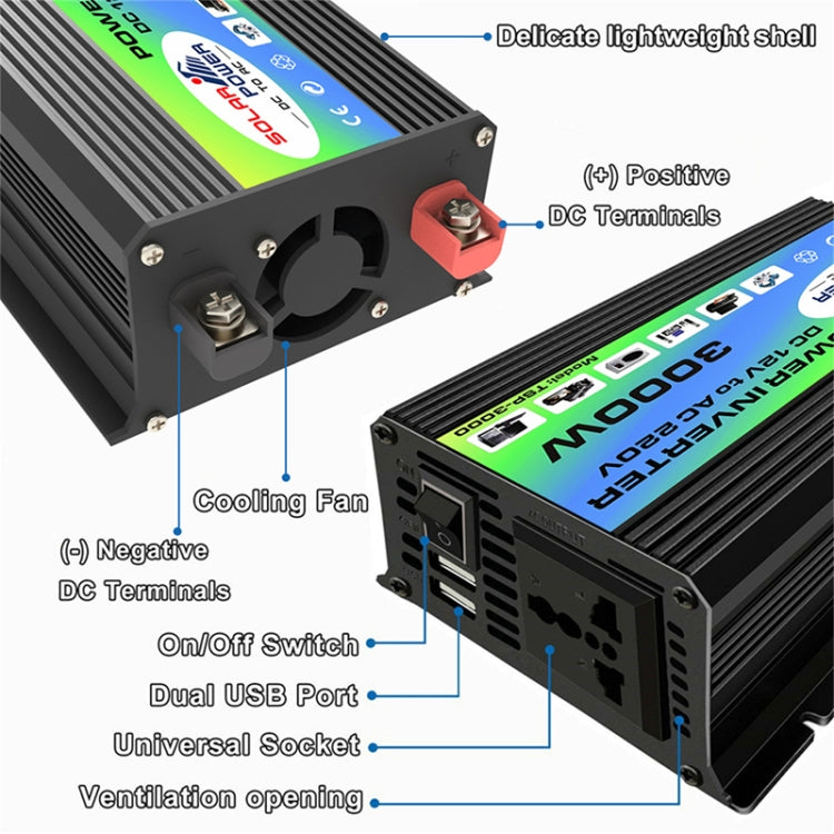 Tang I Generation 12V to 220V 3000W Modified Square Wave Intelligent Car Power Inverter with Dual USB(Black) - free shipping - PMC TechLife - Order now!
