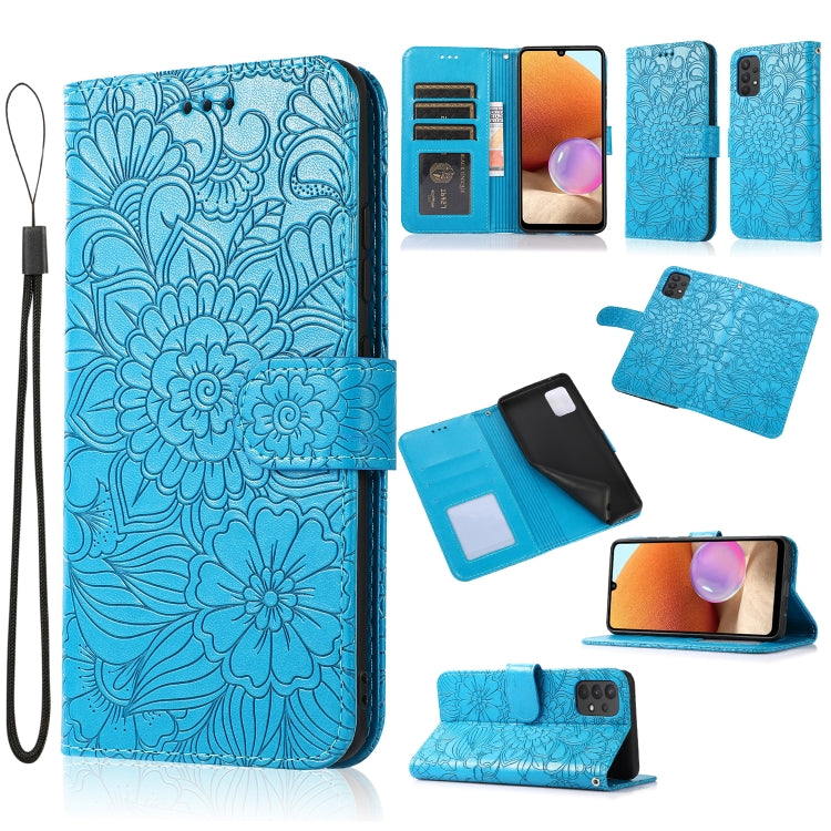 For Samsung Galaxy A32 4G Skin Feel Embossed Sunflower Horizontal Flip Leather Case with Holder & Card Slots & Wallet & Lanyard(Blue) - Galaxy Phone Cases by PMC Jewellery | Online Shopping South Africa | PMC Jewellery