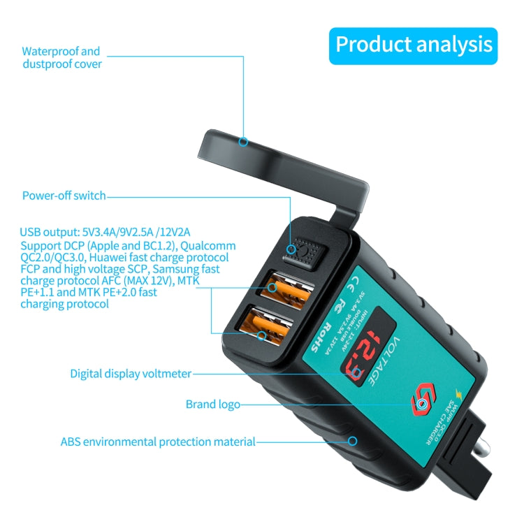 WUPP ZH-1422A1 DC12-24V Motorcycle Square Dual USB Fast Charging Charger with Switch + Voltmeter + Integrated SAE Socket - free shipping - PMC TechLife - Order now!