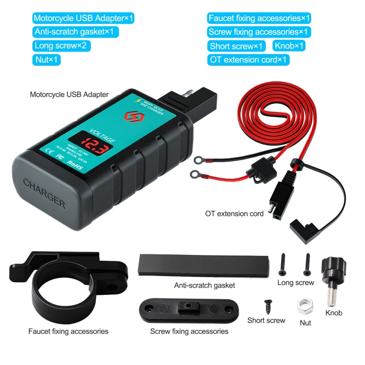 WUPP ZH-1422A3 DC12-24V Motorcycle Square Dual USB Fast Charging Charger with Switch + Voltmeter + Integrated SAE Socket + 1.4m OT Terminal Cable - Battery Charger by WUPP | Online Shopping South Africa | PMC TechLife | Buy Now Pay Later Mobicred