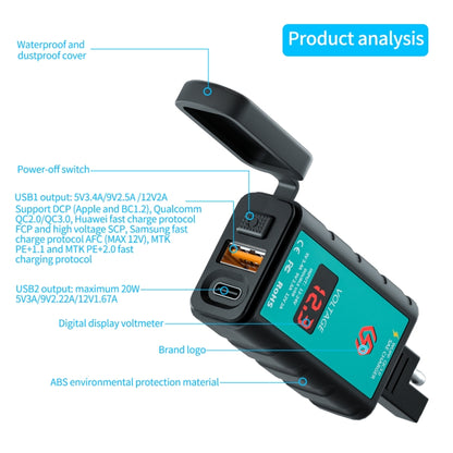 WUPP ZH-1422B1 DC12-24V Motorcycle Square Single USB + PD Fast Charging Charger with Switch + Voltmeter + Integrated SAE Socket - Battery Charger by WUPP | Online Shopping South Africa | PMC Jewellery | Buy Now Pay Later Mobicred