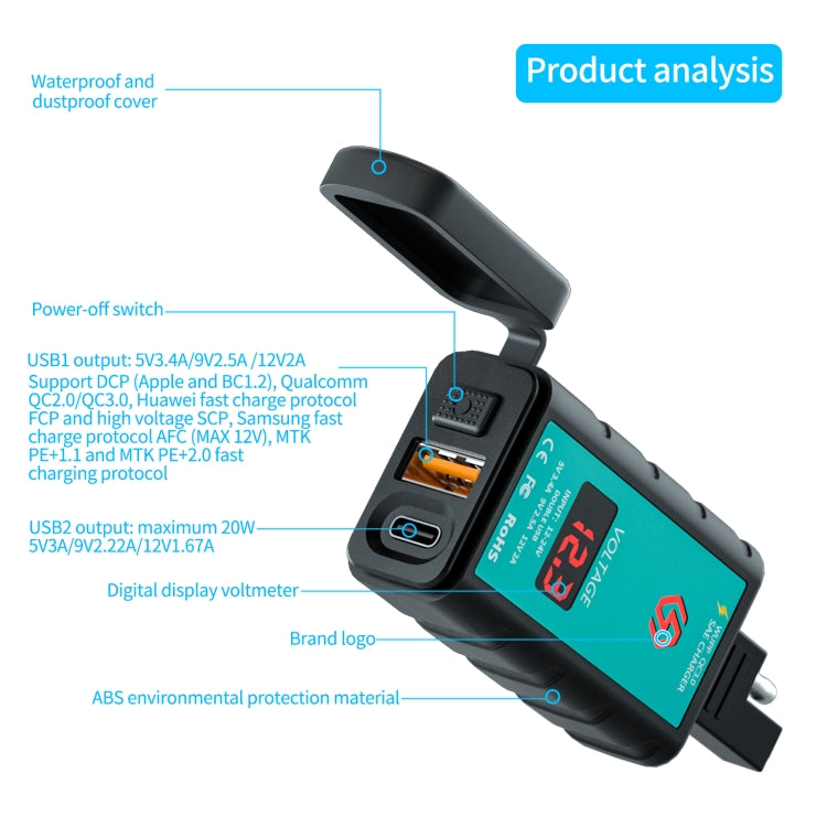 WUPP ZH-1422B2 DC12-24V Motorcycle Square Single USB + PD Fast Charging Charger with Switch + Voltmeter + Integrated SAE Socket + 1m SAE Socket Cable - Battery Charger by WUPP | Online Shopping South Africa | PMC Jewellery | Buy Now Pay Later Mobicred