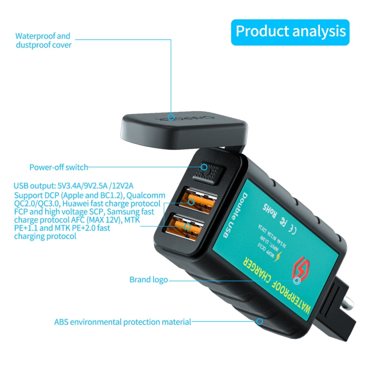 WUPP ZH-1422C2 Motorcycle Square Dual USB Fast Charging Charger with Switch + Integrated SAE Socket + 1m SAE Socket Cable - Battery Charger by WUPP | Online Shopping South Africa | PMC Jewellery | Buy Now Pay Later Mobicred