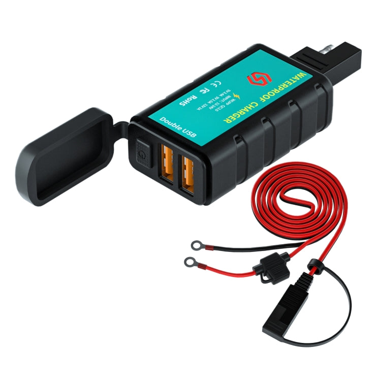 WUPP ZH-1422C3 Motorcycle Square Dual USB Fast Charging Charger with Switch + Integrated SAE Socket + 1.4m OT Terminal Cable - free shipping - PMC TechLife - Order now!