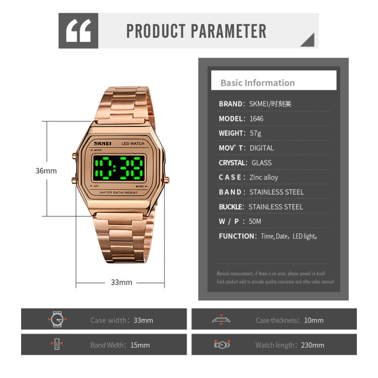 SKMEI 1646 LED Digital Display Luminous Electronic Watch(Gold) - free shipping - PMC TechLife - Order now!