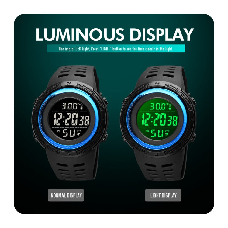 SKMEI 1681 Multifunctional LED Digital Display Luminous Electronic Watch, Support Body / Ambient Temperature Measurement(Blue White) - free shipping - PMC TechLife - Order now!