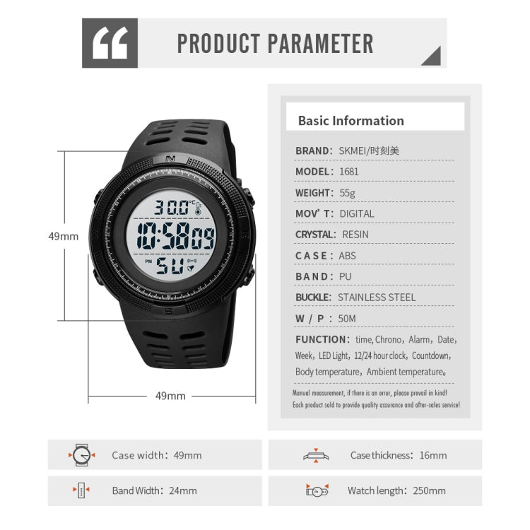 SKMEI 1681 Multifunctional LED Digital Display Luminous Electronic Watch, Support Body / Ambient Temperature Measurement(Black) - free shipping - PMC TechLife - Order now!