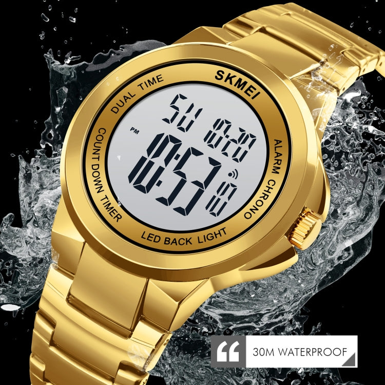 SKMEI 1712 Dual Time LED Digital Display Luminous Stainless Steel Strap Electronic Watch(Gold and White) - free shipping - PMC TechLife - Order now!