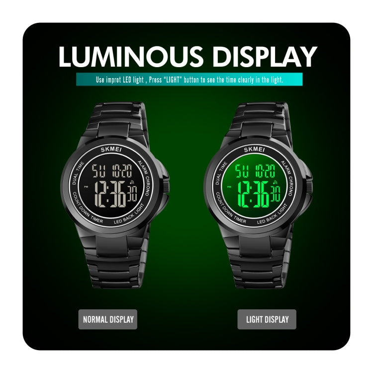SKMEI 1712 Dual Time LED Digital Display Luminous Stainless Steel Strap Electronic Watch(Silver and White) - free shipping - PMC TechLife - Order now!