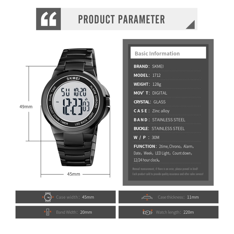 SKMEI 1712 Dual Time LED Digital Display Luminous Stainless Steel Strap Electronic Watch(Silver and Black) - free shipping - PMC TechLife - Order now!