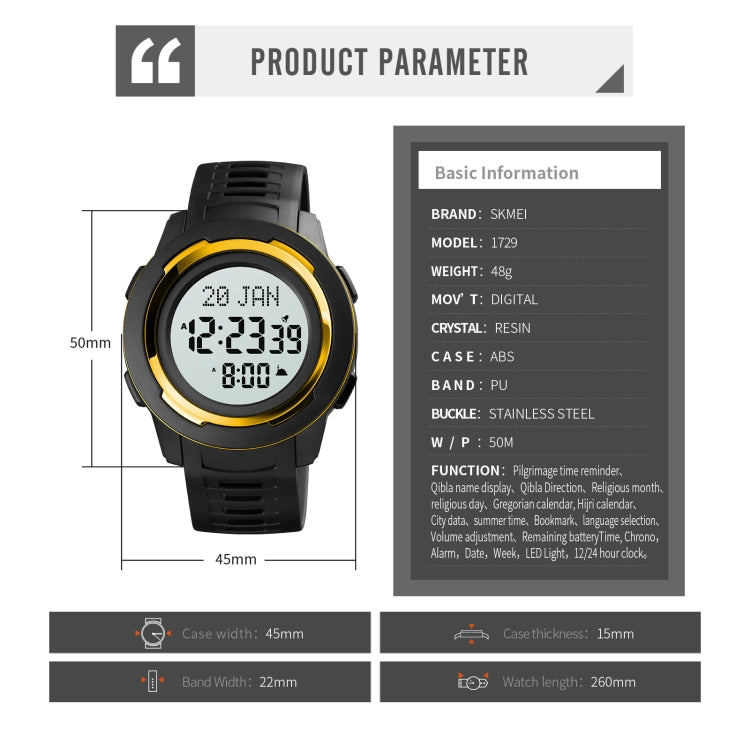 SKMEI 1729 Qibla Calendar Timing Multifunctional LED Digital Display Luminous Electronic Watch(Gold and White) - free shipping - PMC TechLife - Order now!