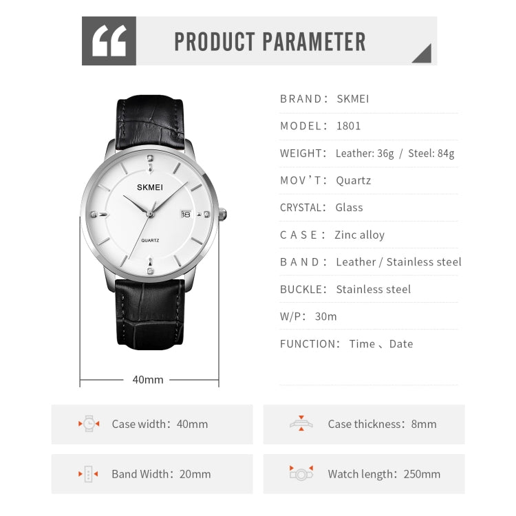 SKMEI 1801 Men Casual Calendar Quartz Watch(Silver White Black) - free shipping - PMC TechLife - Order now!