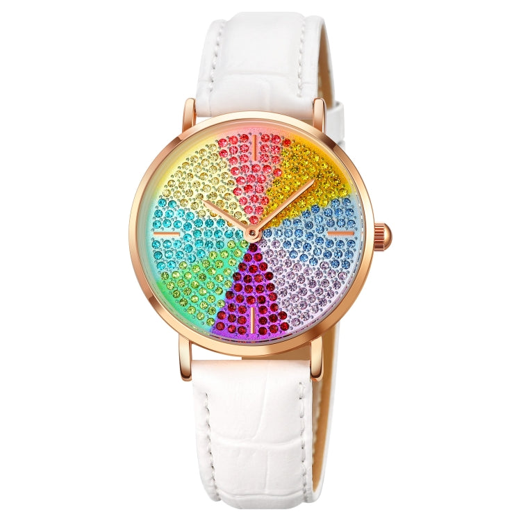 SKMEI 1811 Eight Color Diamond Round Dial Quartz Watch for Ladies(White Leather Belt) - free shipping - PMC TechLife - Order now!