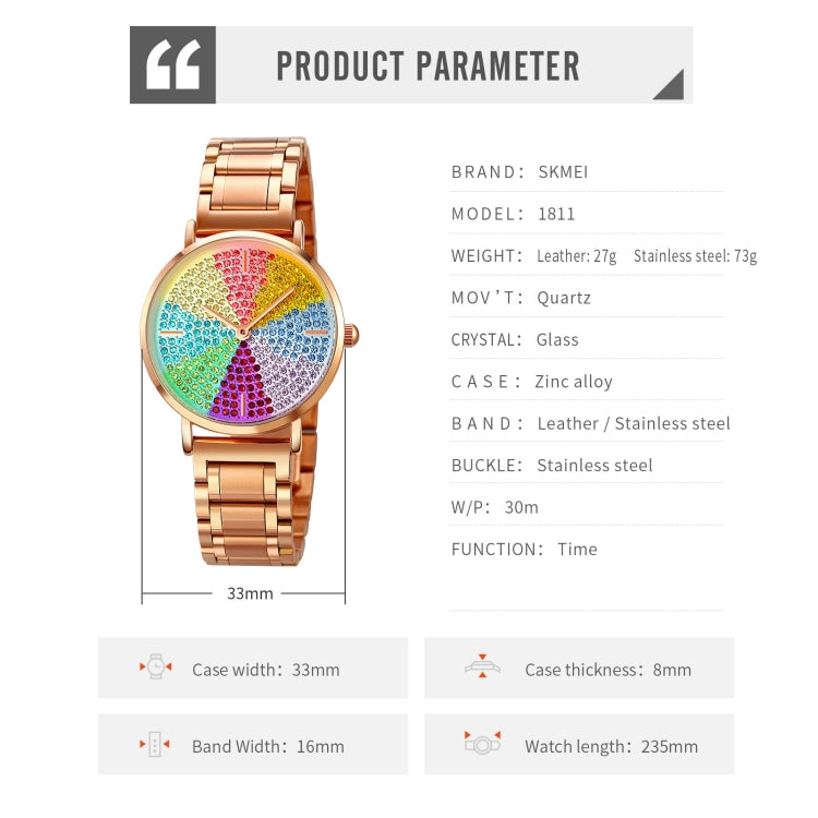 SKMEI 1811 Eight Color Diamond Round Dial Quartz Watch for Ladies(Black Leather Belt) - free shipping - PMC TechLife - Order now!