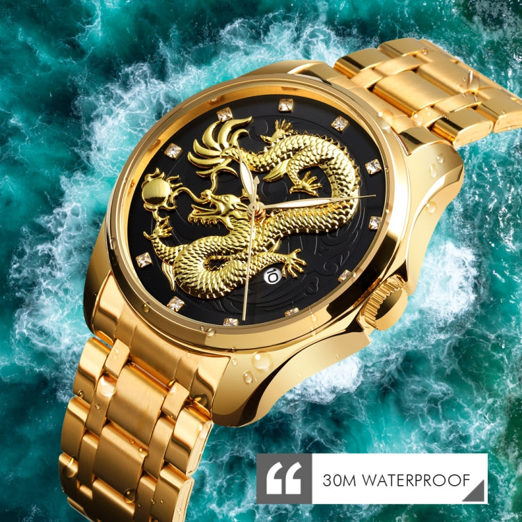 SKMEI 9193 Men Golden Dragon Pattern Calendar Dial Luminous Quartz Watch(Gold Blue) - free shipping - PMC TechLife - Order now!