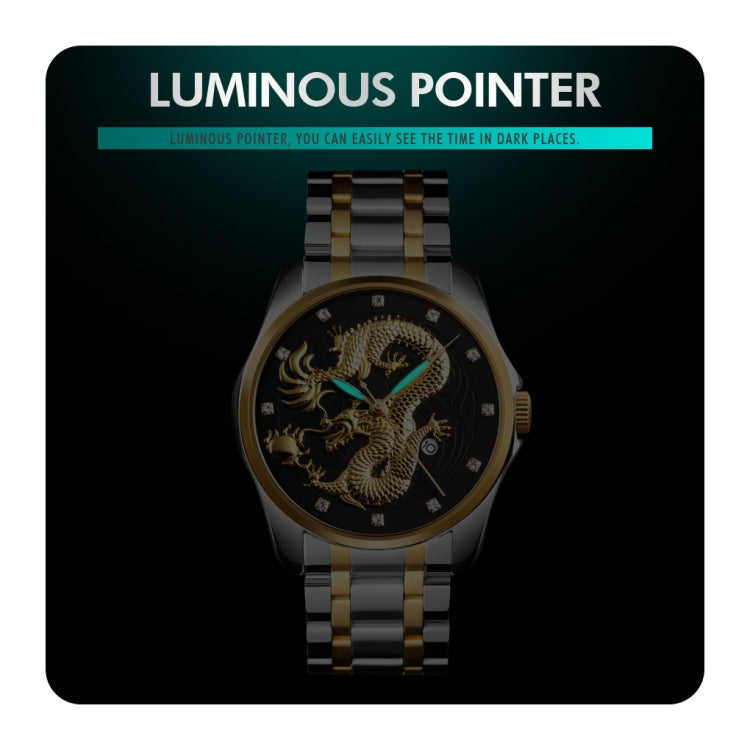 SKMEI 9193 Men Golden Dragon Pattern Calendar Dial Luminous Quartz Watch(Silver Black) - free shipping - PMC TechLife - Order now!