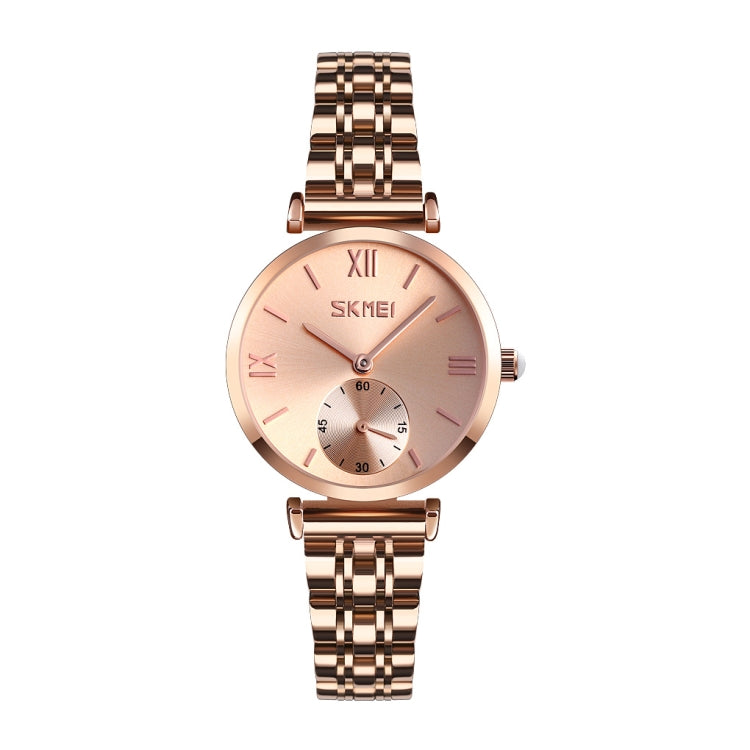 SKMEI 9198 Simple Roman Numeral Dial Metal Belt Quartz Watch for Couples(Rose Gold Women) - free shipping - PMC TechLife - Order now!