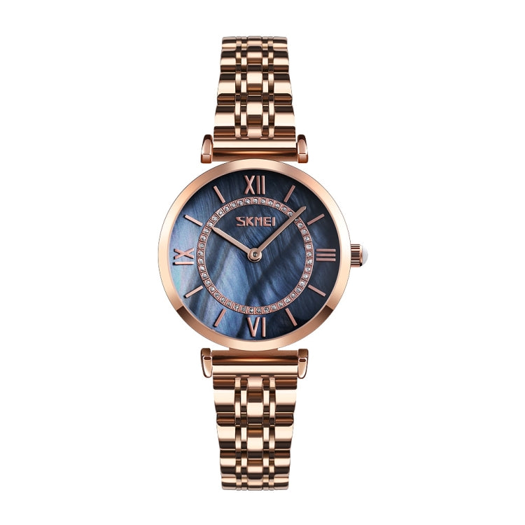 SKMEI 9198 Simple Roman Numeral Dial Metal Belt Quartz Watch for Couples(Rose Gold Black Women) - free shipping - PMC TechLife - Order now!