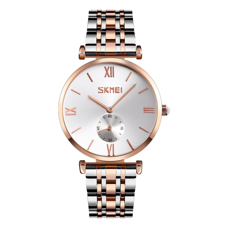 SKMEI 9198 Simple Roman Numeral Dial Metal Belt Quartz Watch for Couples(Rose Gold Silver Men) - free shipping - PMC TechLife - Order now!