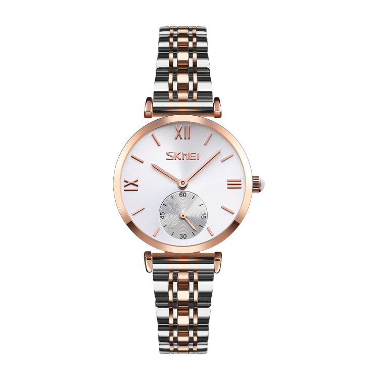 SKMEI 9198 Simple Roman Numeral Dial Metal Belt Quartz Watch for Couples(Rose Gold Silver Women) - free shipping - PMC TechLife - Order now!