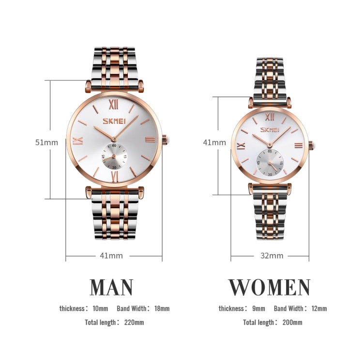 SKMEI 9198 Simple Roman Numeral Dial Metal Belt Quartz Watch for Couples(Rose Gold Silver White Women) - free shipping - PMC TechLife - Order now!