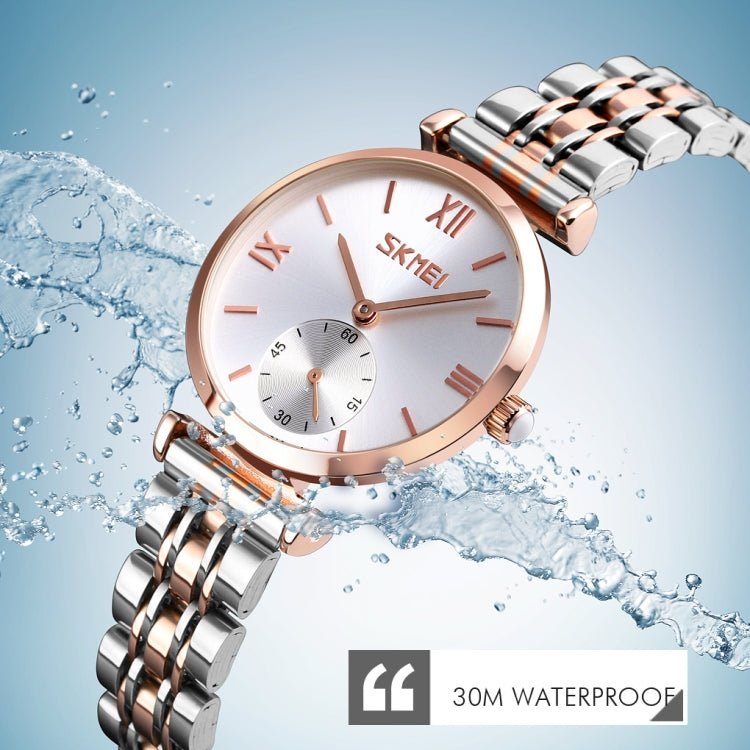 SKMEI 9198 Simple Roman Numeral Dial Metal Belt Quartz Watch for Couples(Rose Gold Silver White Women) - free shipping - PMC TechLife - Order now!
