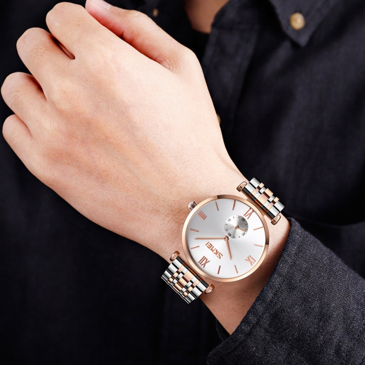 SKMEI 9198 Simple Roman Numeral Dial Metal Belt Quartz Watch for Couples(Rose Gold Silver Men) - free shipping - PMC TechLife - Order now!