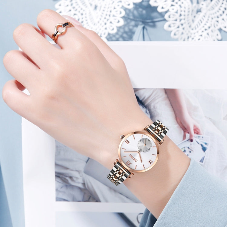 SKMEI 9198 Simple Roman Numeral Dial Metal Belt Quartz Watch for Couples(Rose Gold Silver Men) - free shipping - PMC TechLife - Order now!
