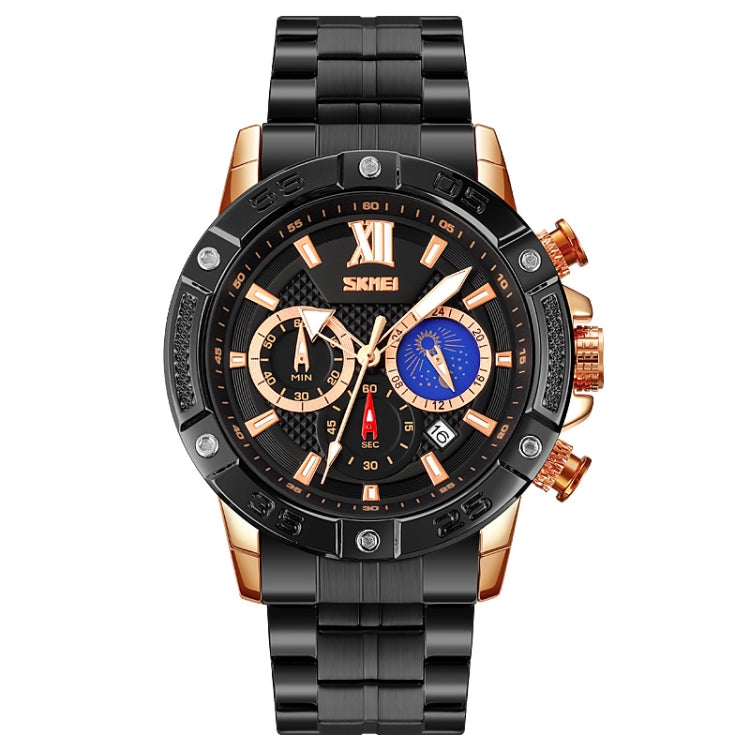 SKMEI 9235 Men Moonphase Stopwatch Stainless Steel Strap Quartz Watch(Gold Black) - free shipping - PMC TechLife - Order now!