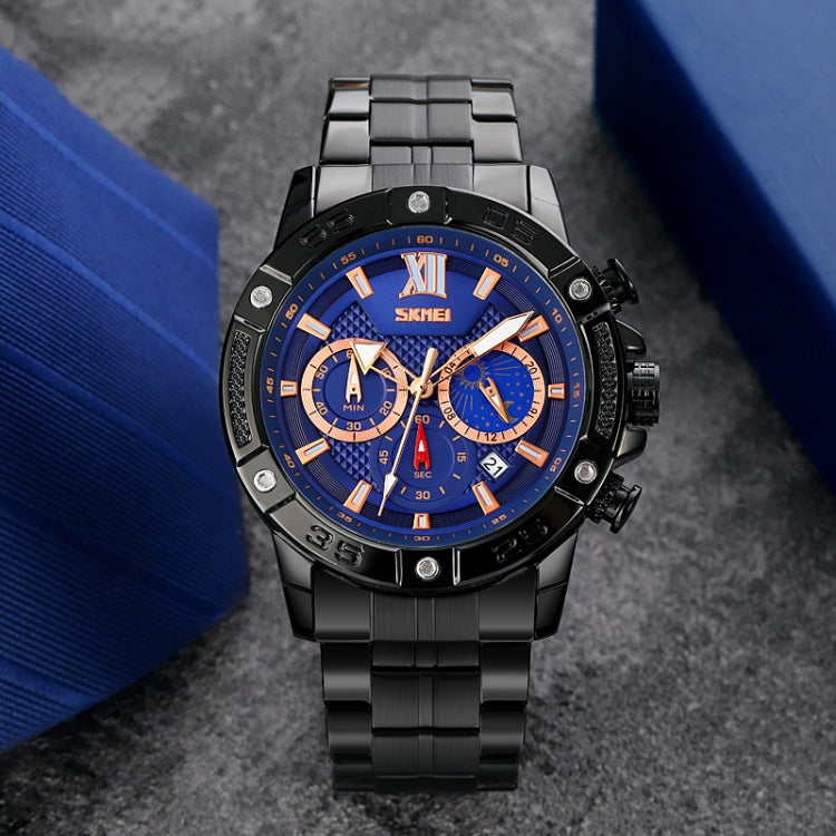 SKMEI 9235 Men Moonphase Stopwatch Stainless Steel Strap Quartz Watch(Black Blue) - free shipping - PMC TechLife - Order now!